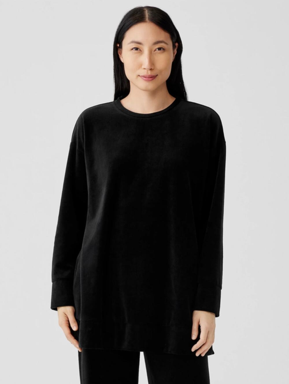 Eileen Fisher Women's Large Black Velour L/S Drop Shoulder Tunic Sweatshirt